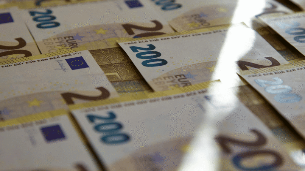 Ordentlich gestapelte 200-Euro-Banknoten in Nahaufnahme