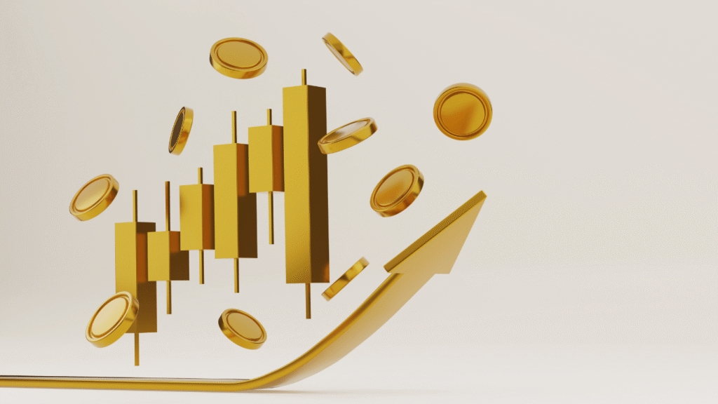 Ein Candlestick-Chart mit einem Aufwärtspfeil und Goldmünzen