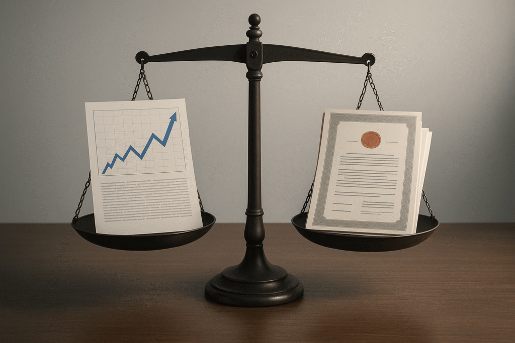 Aktien vs. Anleihen: Eine Waage mit einem Aktien- und einem Anleihen-Zertifikat – als bildhafte Gegenüberstellung zweier Anlageformen