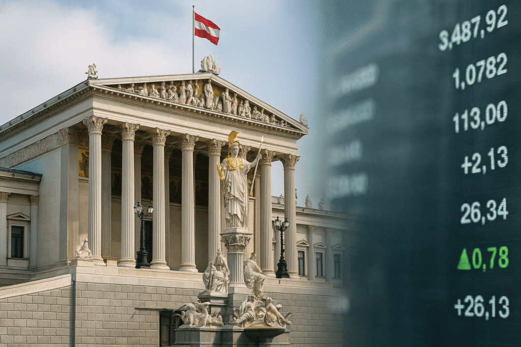 Was sind Anleihen – Österreichisches Parlament mit Börsendaten im Vordergrund – symbolisch für Stabilität im Kontext von Anleihen
