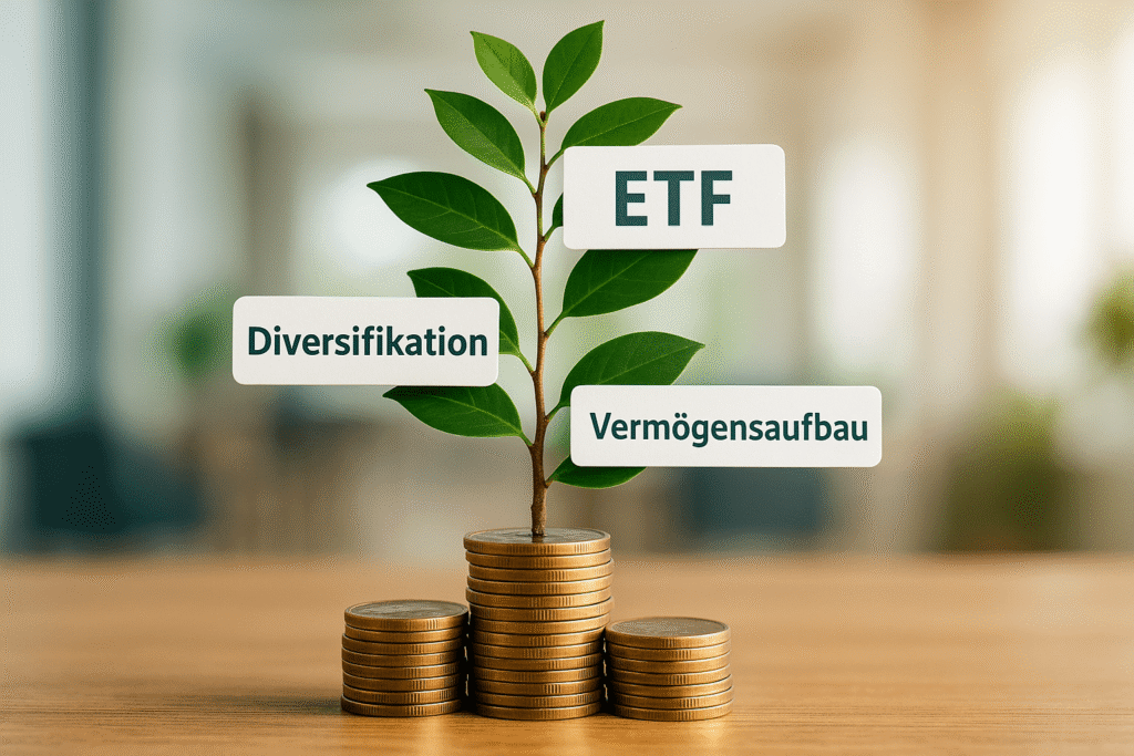 ETF einfach erklärt: Kleiner Münzstapel, aus dem eine Pflanze wächst