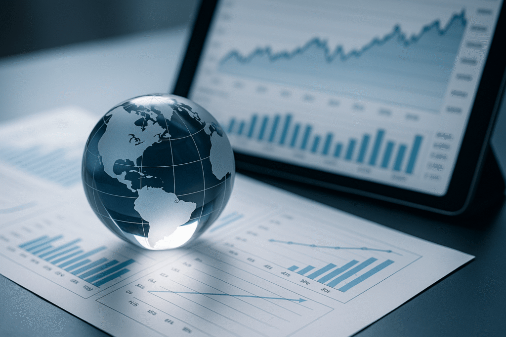 Gläserner Globus auf Finanzdokumenten als Symbol für weltweite Diversifikation und transparente Investitionen mit ETFs