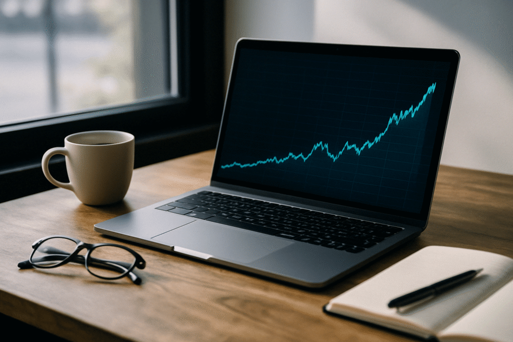 Value Aktien: Ein Laptop mit aufsteigendem Aktienchart, daneben Kaffee, Notizbuch und Brille