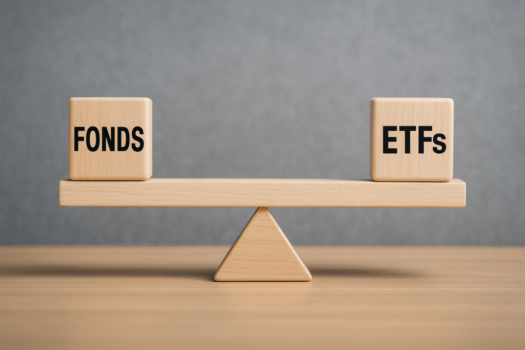 Fonds vs ETF - Holz-Waage mit zwei Würfeln: „Fonds“ und „ETFs“ im Gleichgewicht.